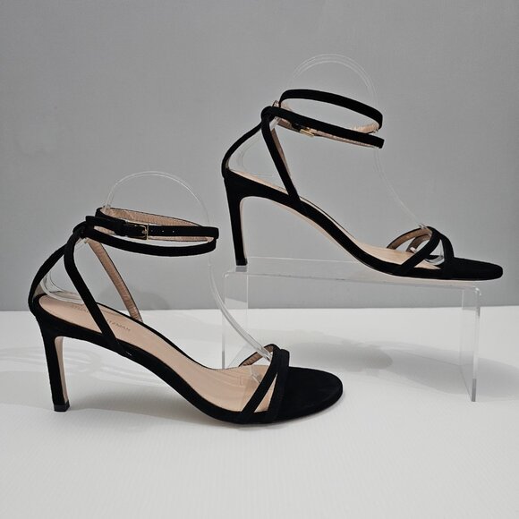NEW Stuart Weitzman Lexie Sandal Heel Wraparound Ankle Black Suede Size 9.5 - Picture 3 of 14